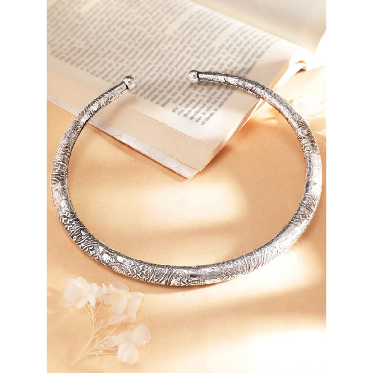 Rubans Oxidized Silver Plated Floral and Geometric Design Statement Choker Necklace Silver