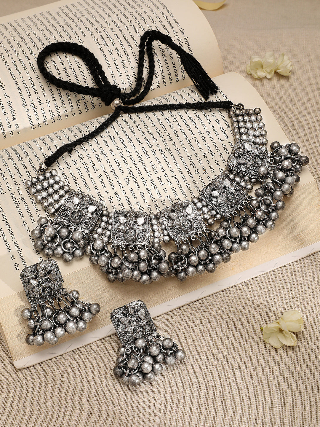 Oxidized Silver Bead Work Necklace Set Silver