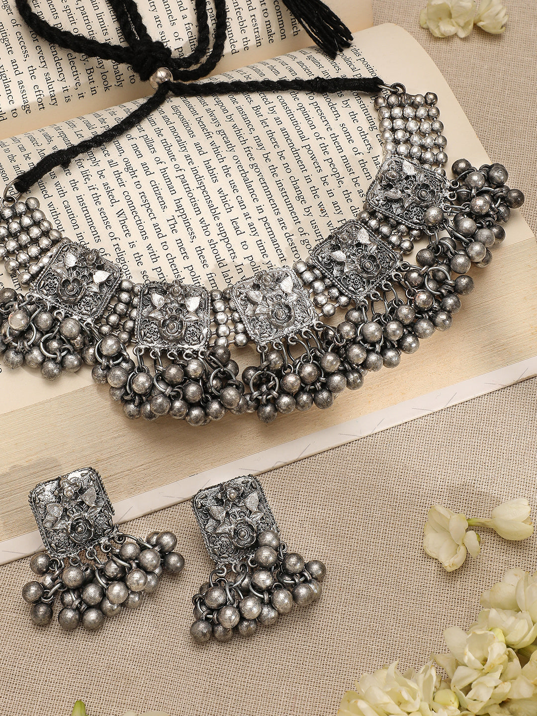 Oxidized Silver Bead Work Necklace Set Silver