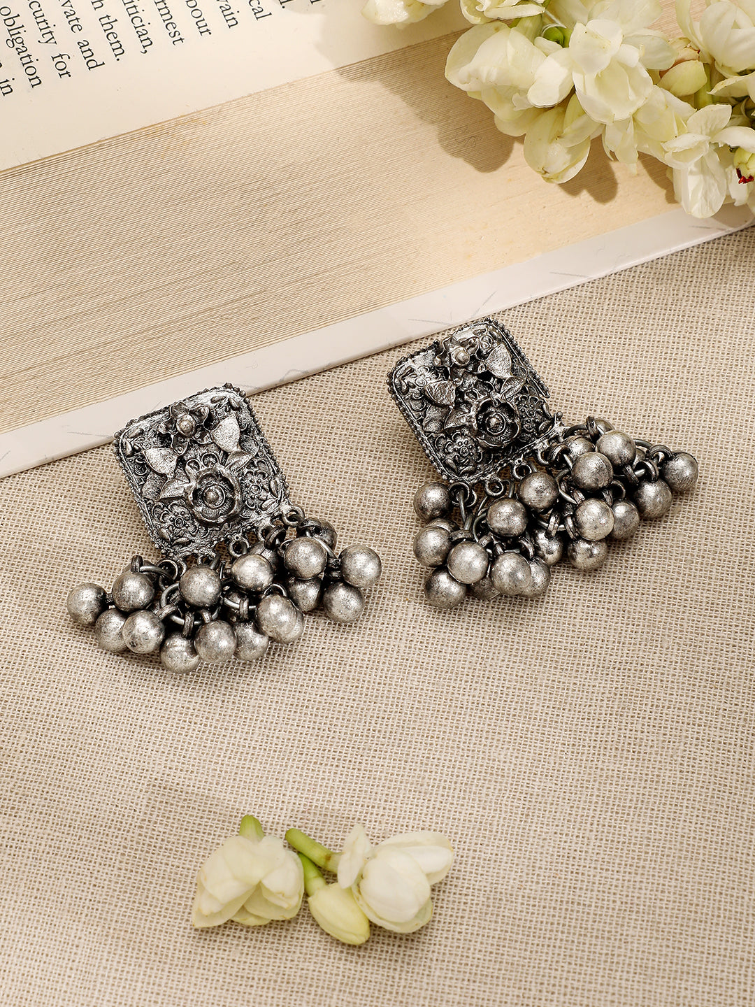 Oxidized Silver Bead Work Necklace Set Silver