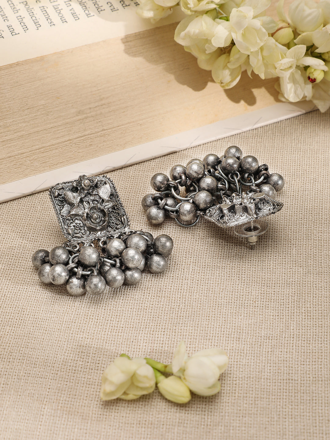 Oxidized Silver Bead Work Necklace Set Silver