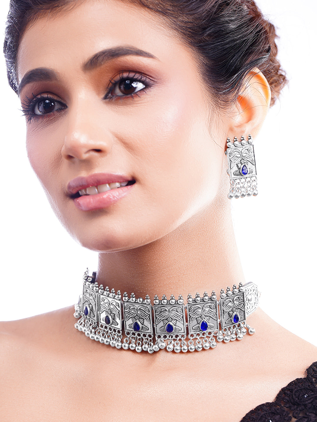 【Rubans】 Oxidised Blue Crystal Tribal Choker Necklace Set｜オキシダイズド ブルークリスタル トライバル チョーカー ネックレスセット