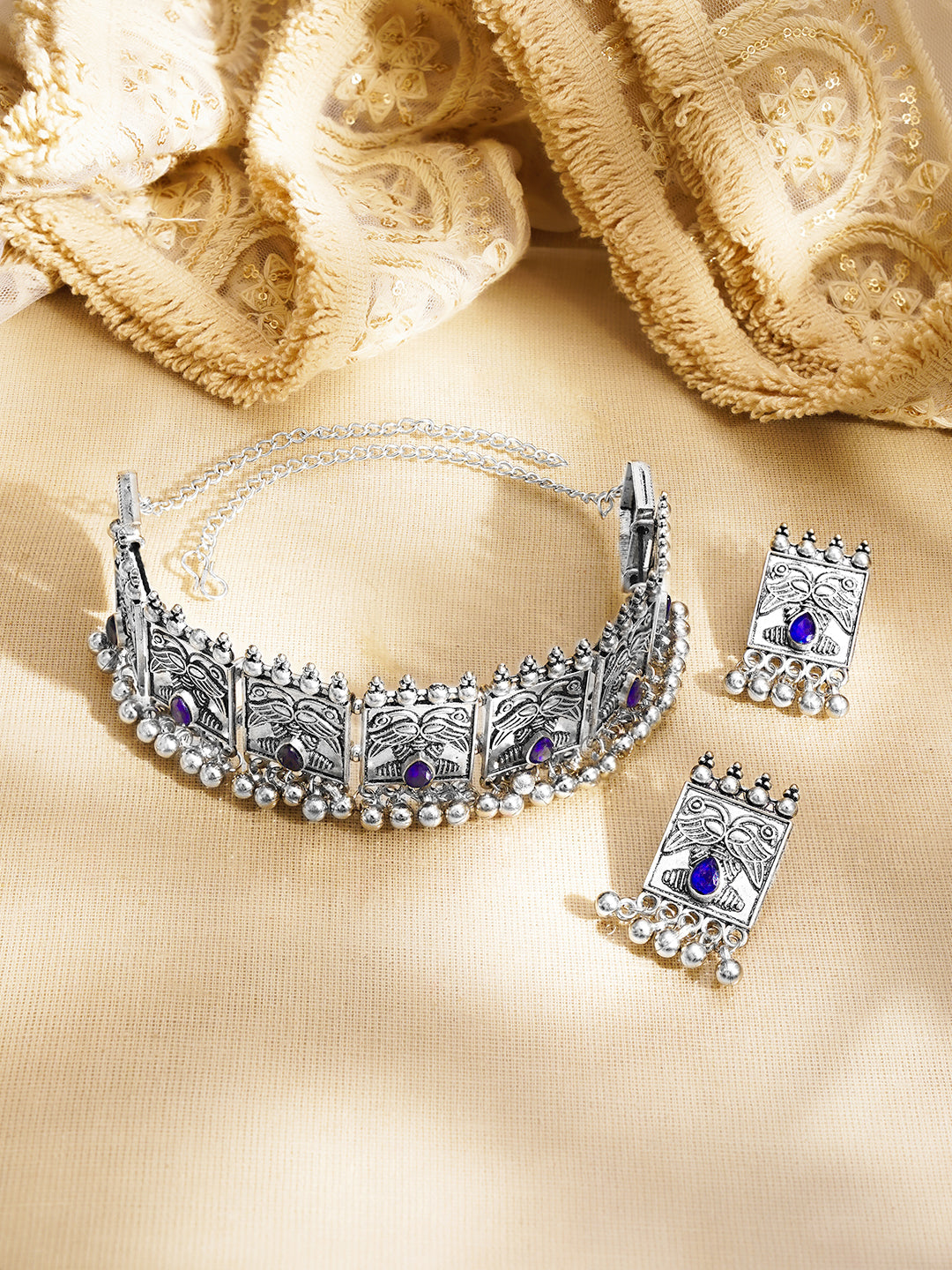 【Rubans】 Oxidised Blue Crystal Tribal Choker Necklace Set｜オキシダイズド ブルークリスタル トライバル チョーカー ネックレスセット