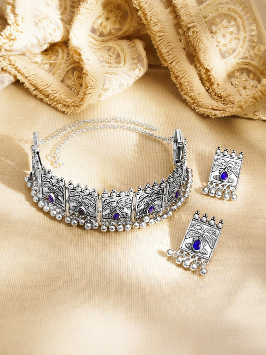 【Rubans】 Oxidised Blue Crystal Tribal Choker Necklace Set｜オキシダイズド ブルークリスタル トライバル チョーカー ネックレスセット