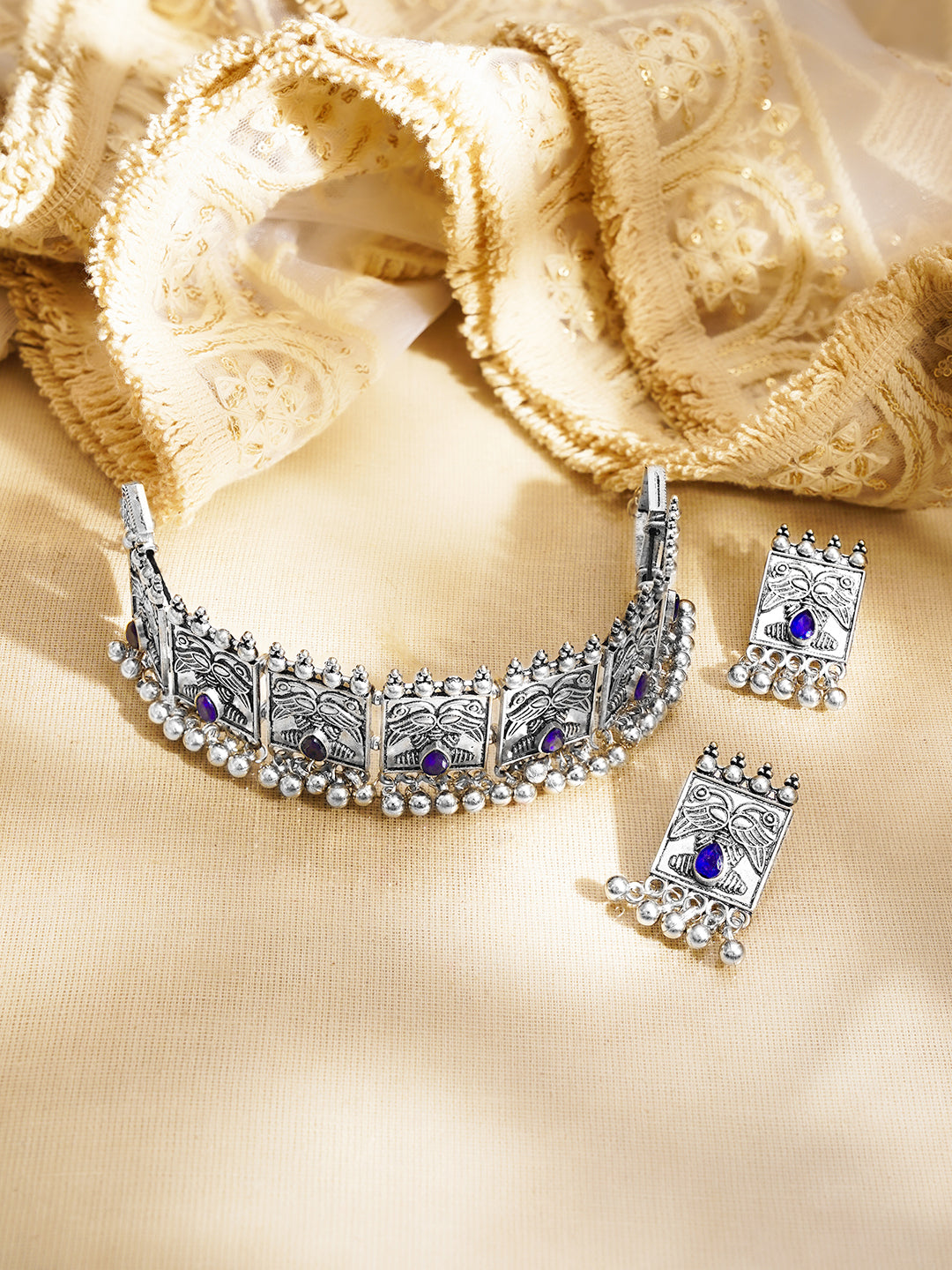 【Rubans】 Oxidised Blue Crystal Tribal Choker Necklace Set｜オキシダイズド ブルークリスタル トライバル チョーカー ネックレスセット