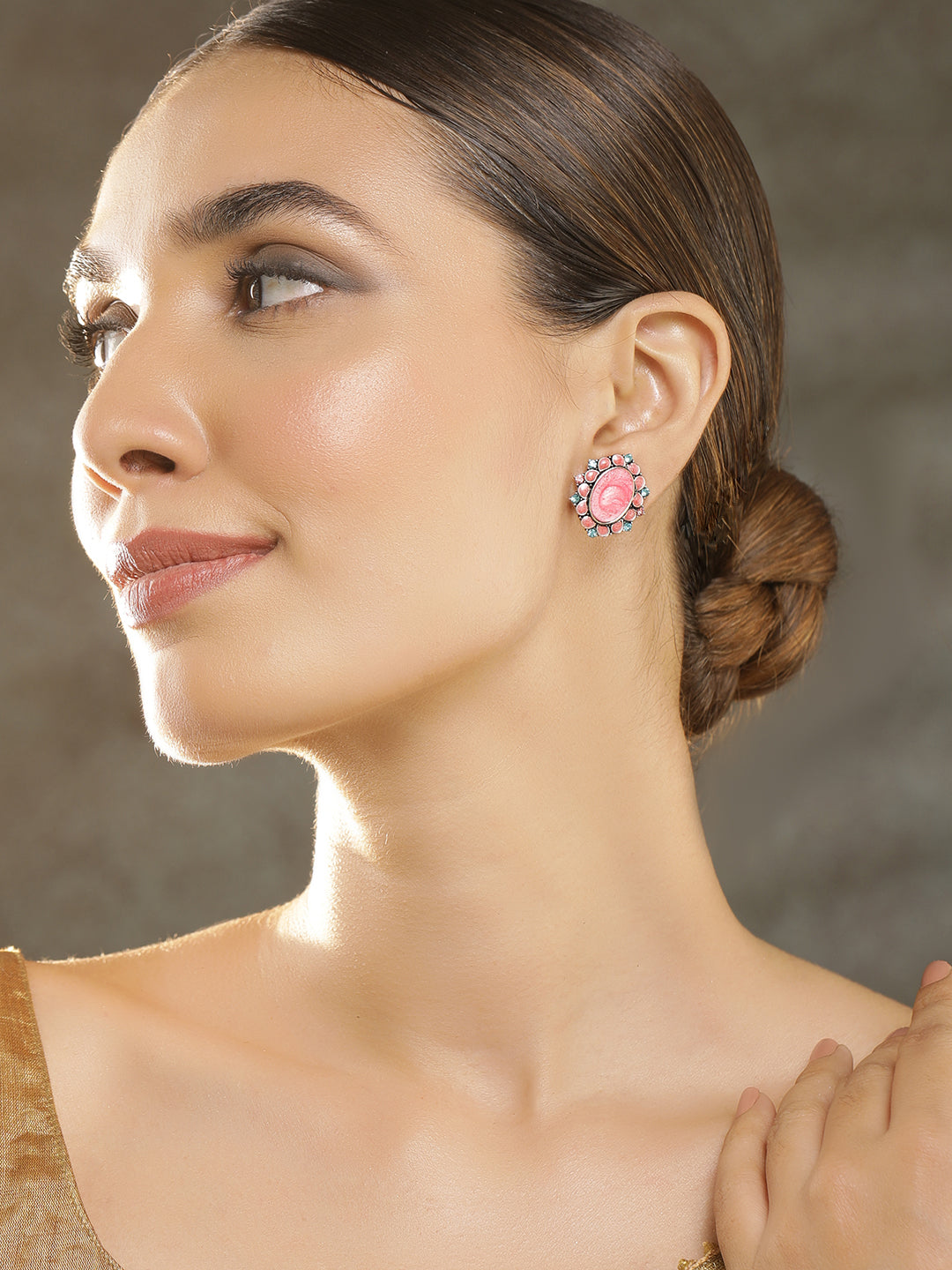 Pink Oxidised Stud Earrings Pack of 2 Multicolor