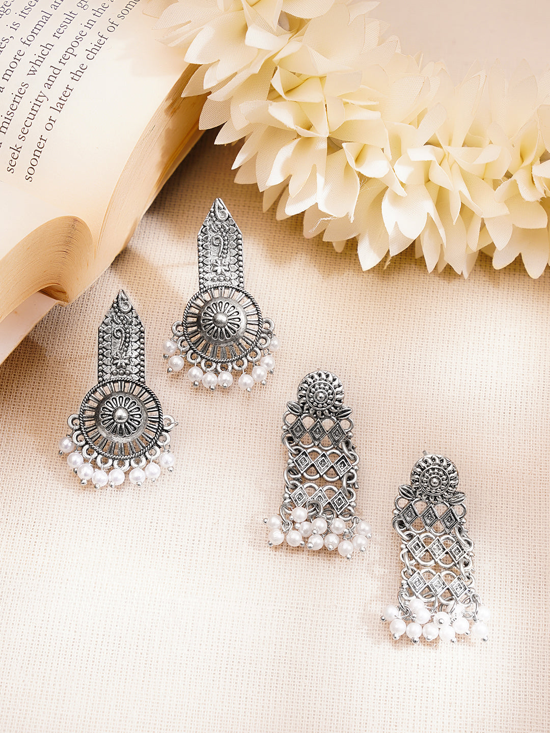 【Rubans】 Set of 2 Pearl Drop Oxidised Dangler Earrings｜パールドロップ オキシダイズド ダングラーイヤリング 2組セット