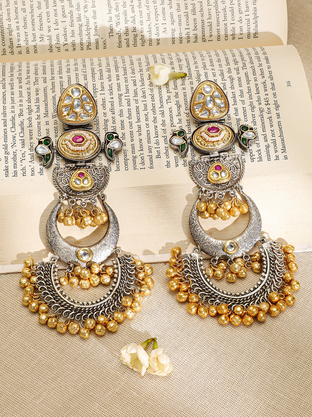 Oxidised Gold-Bead Wedding Chandbali Earrings フリーサイズ