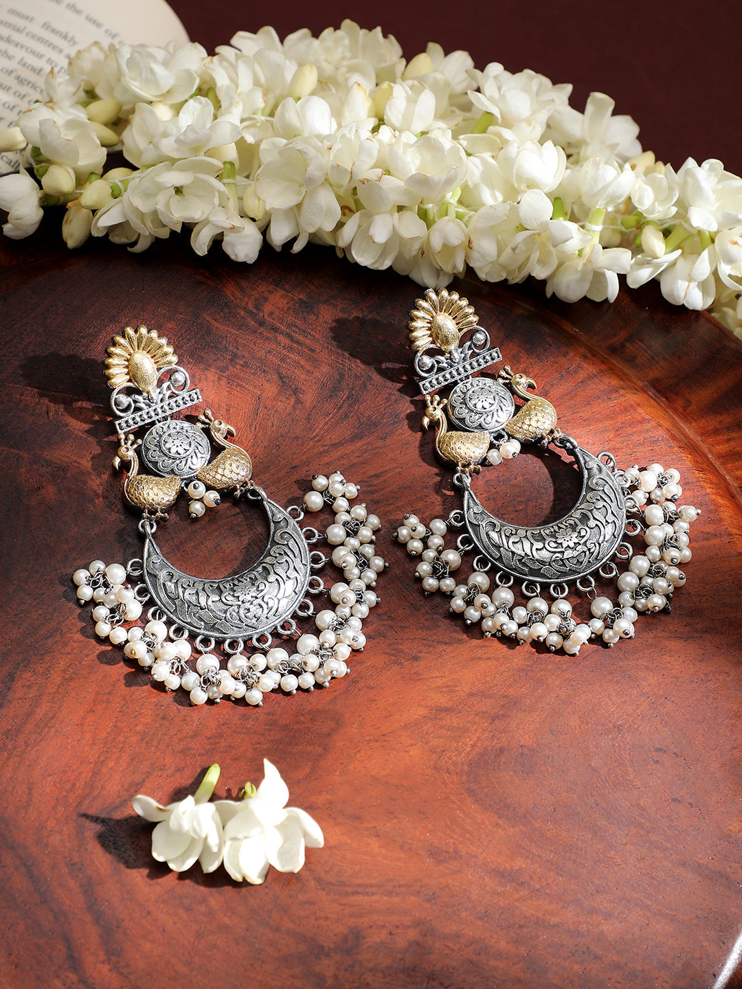 Ethnic Peacock Pearl Dual Tone Chandbali フリーサイズ