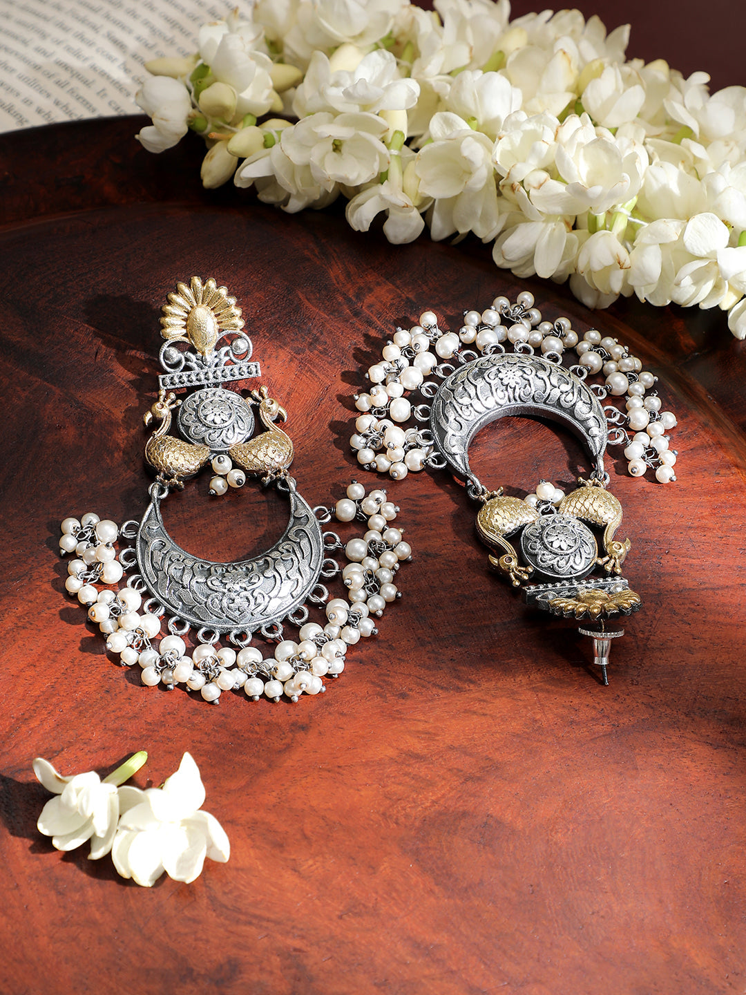 Ethnic Peacock Pearl Dual Tone Chandbali フリーサイズ