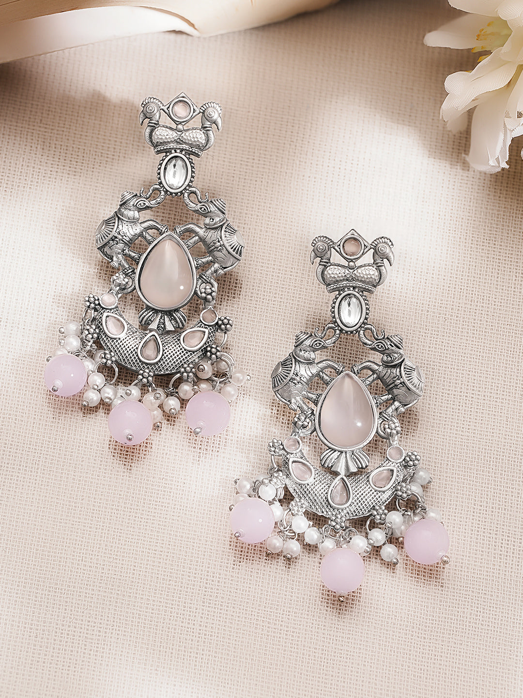 Oxidised Silver Tone Brass Pink Bead Pearl Elephant Motif Chandelier フリーサイズ