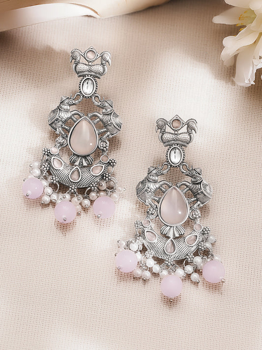 Oxidised Silver Tone Brass Pink Bead Pearl Elephant Motif Chandelier フリーサイズ