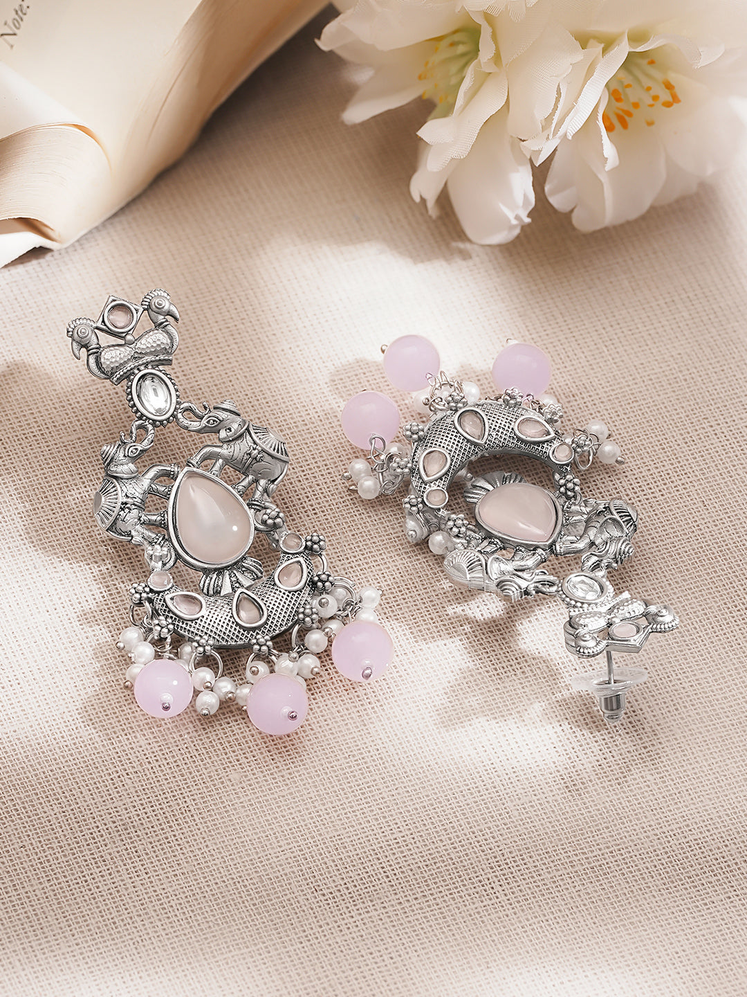 Oxidised Silver Tone Brass Pink Bead Pearl Elephant Motif Chandelier フリーサイズ