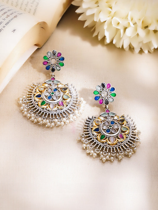 【Rubans】 Oxidised Multicolor Kundan Pearl Floral Chandbali Earrings｜オキシダイズド マルチカラー クンダン パール フローラル チャンドバリ イヤリング
