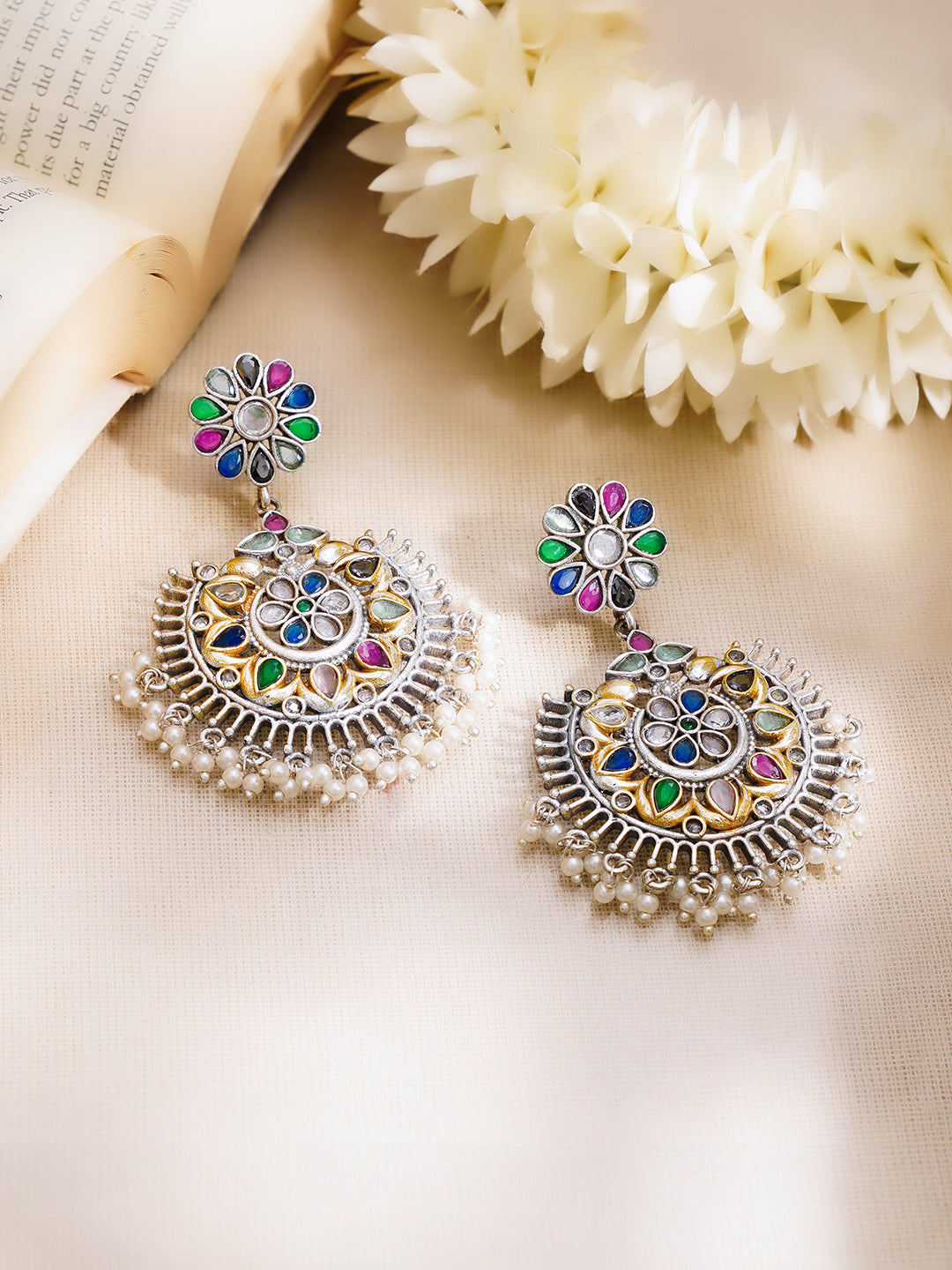 【Rubans】 Oxidised Multicolor Kundan Pearl Floral Chandbali Earrings｜オキシダイズド マルチカラー クンダン パール フローラル チャンドバリ イヤリング