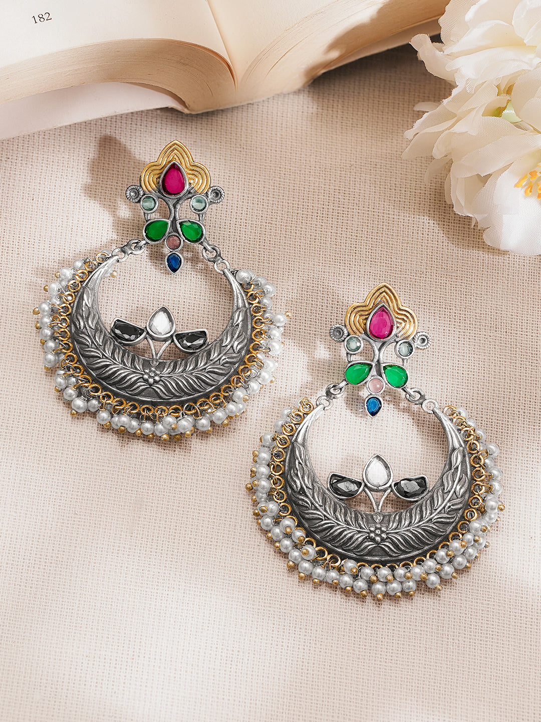 【Rubans】 Oxidised Silver Tone Brass Multicolor Chandbali Earrings｜オキシダイズド シルバートーン マルチカラー チャンドバリ イヤリング