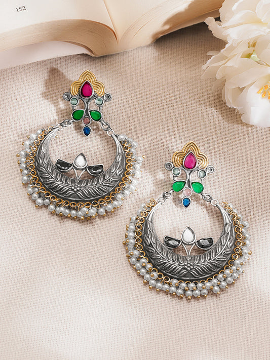 【Rubans】 Oxidised Silver Tone Brass Multicolor Chandbali Earrings｜オキシダイズド シルバートーン マルチカラー チャンドバリ イヤリング