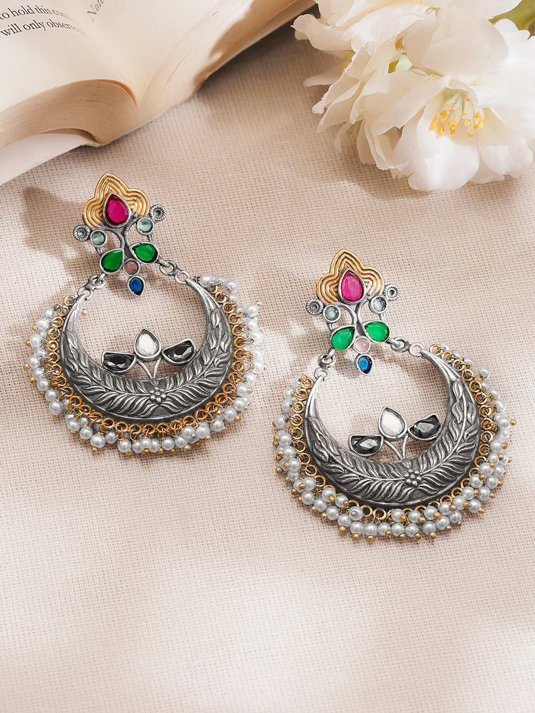 【Rubans】 Oxidised Silver Tone Brass Multicolor Chandbali Earrings｜オキシダイズド シルバートーン マルチカラー チャンドバリ イヤリング