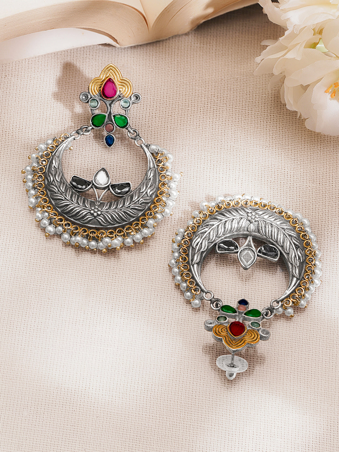 【Rubans】 Oxidised Silver Tone Brass Multicolor Chandbali Earrings｜オキシダイズド シルバートーン マルチカラー チャンドバリ イヤリング