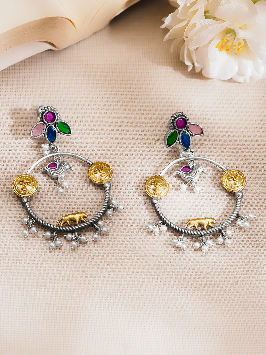 Oxidised Silver Tone Multicolor Temple Charm Dangler Earrings フリーサイズ