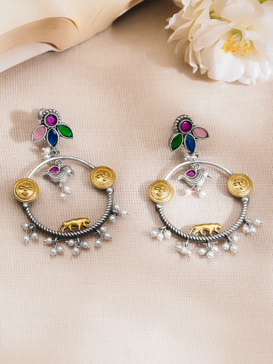 Oxidised Silver Tone Multicolor Temple Charm Dangler Earrings フリーサイズ