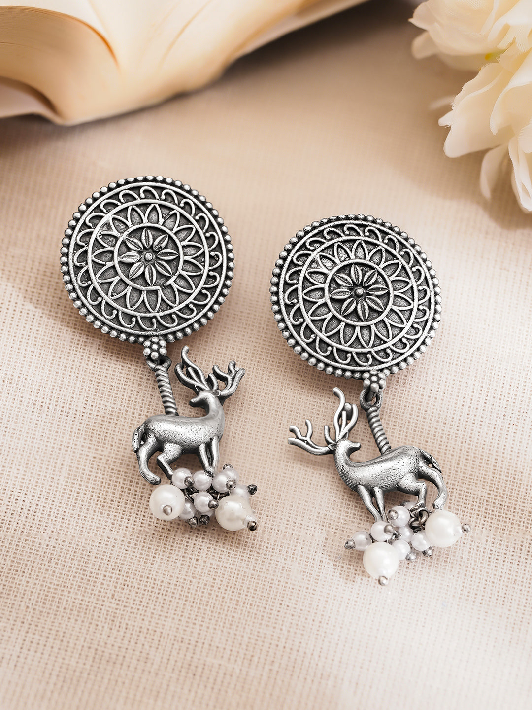 Rubans Women Oxidised Silver Tone Brass Deer Pearl Drop Earrings Length - 4 cm
