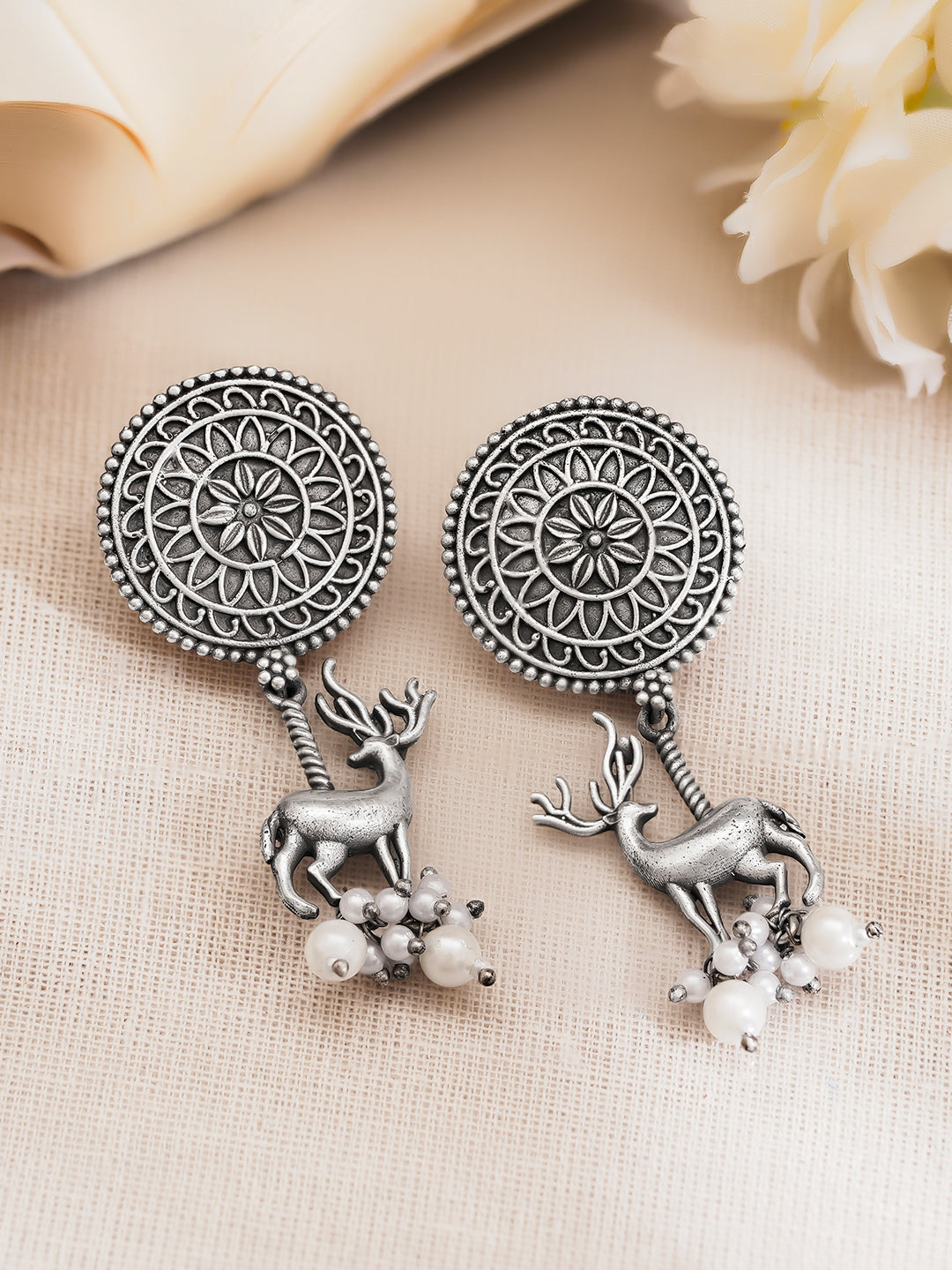 Rubans Women Oxidised Silver Tone Brass Deer Pearl Drop Earrings Length - 4 cm