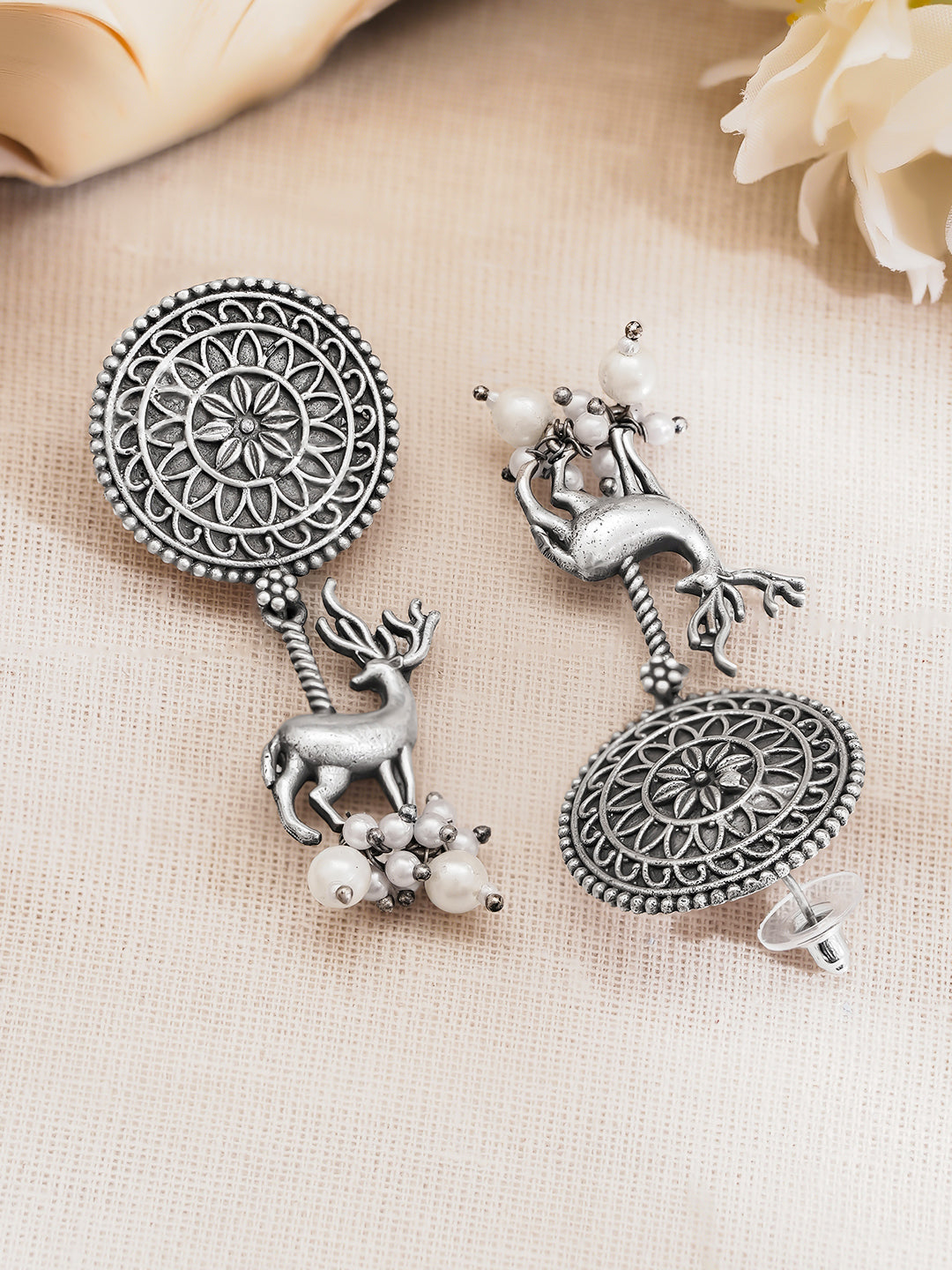 Rubans Women Oxidised Silver Tone Brass Deer Pearl Drop Earrings Length - 4 cm