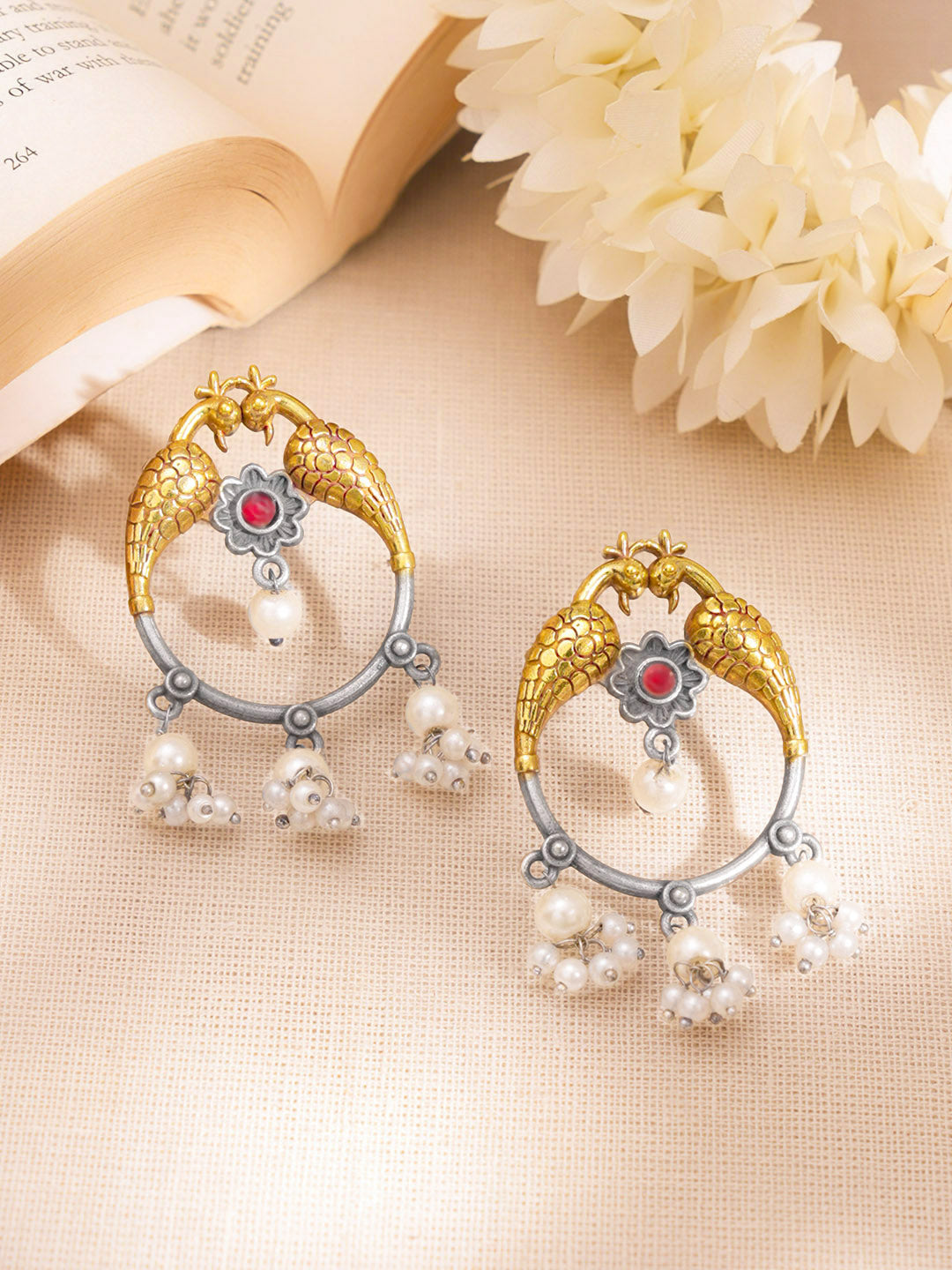 Peacock Oxidised Pearl Tassel Drop Earrings フリーサイズ