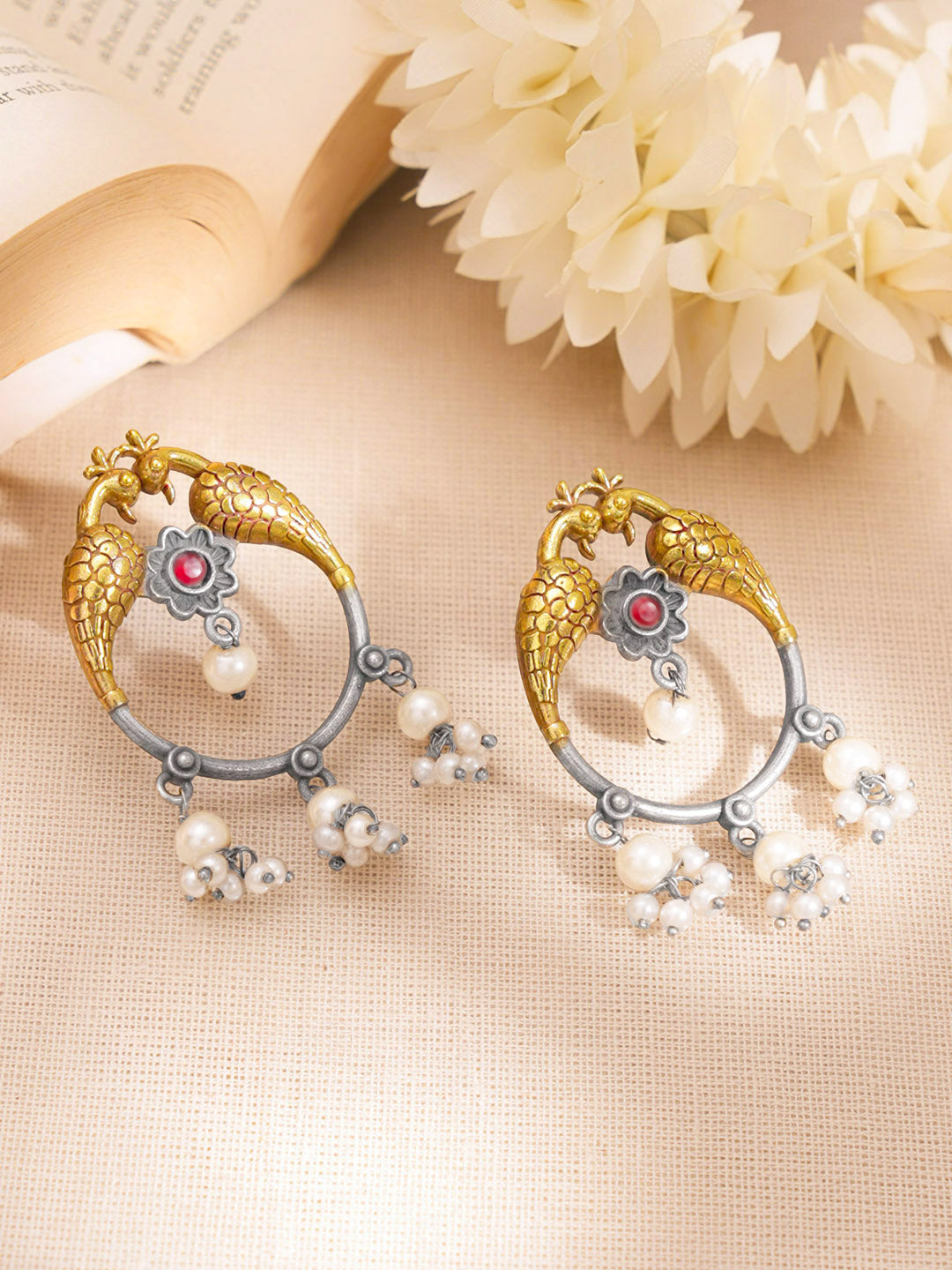 Peacock Oxidised Pearl Tassel Drop Earrings フリーサイズ