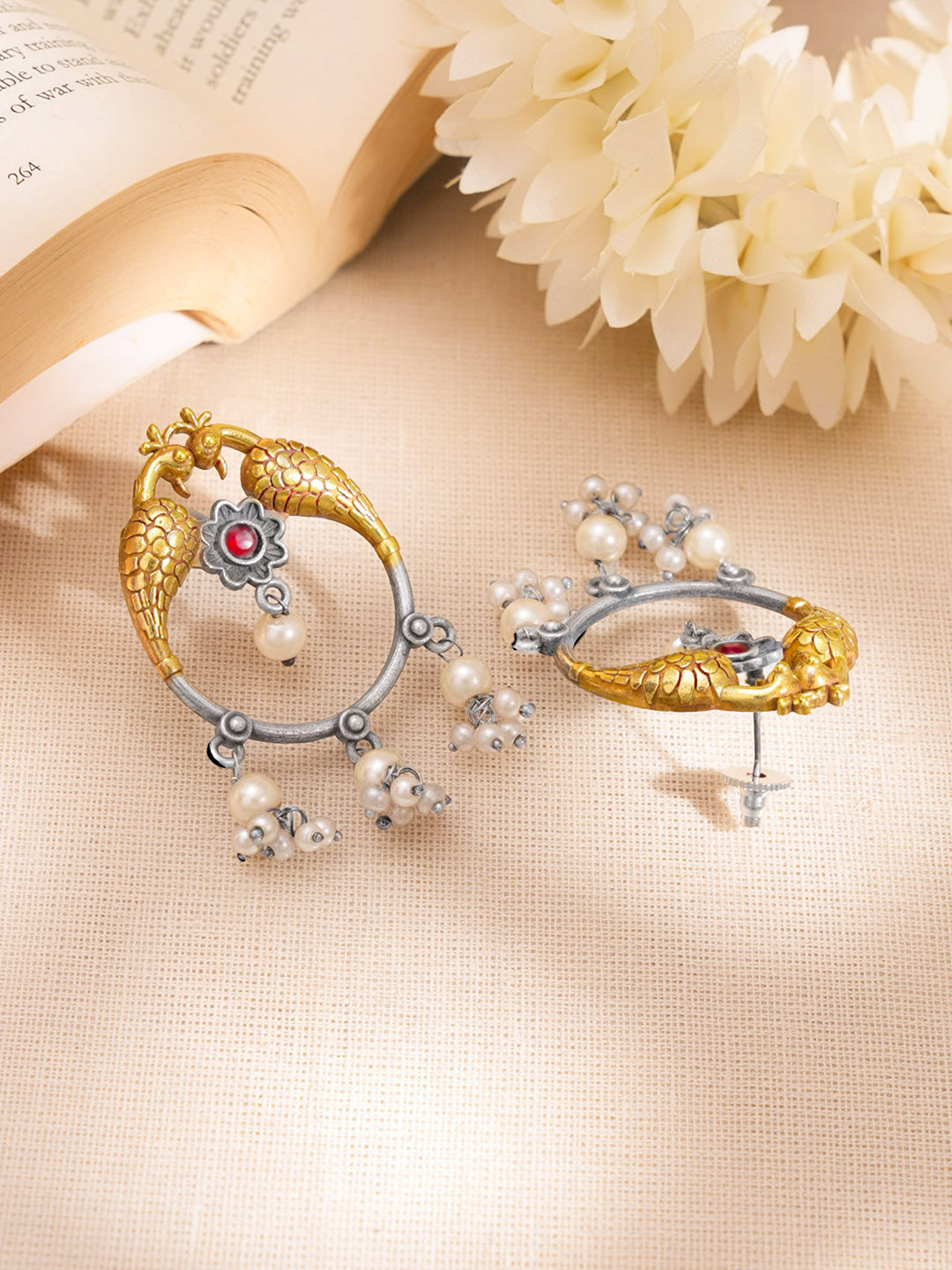 Peacock Oxidised Pearl Tassel Drop Earrings フリーサイズ