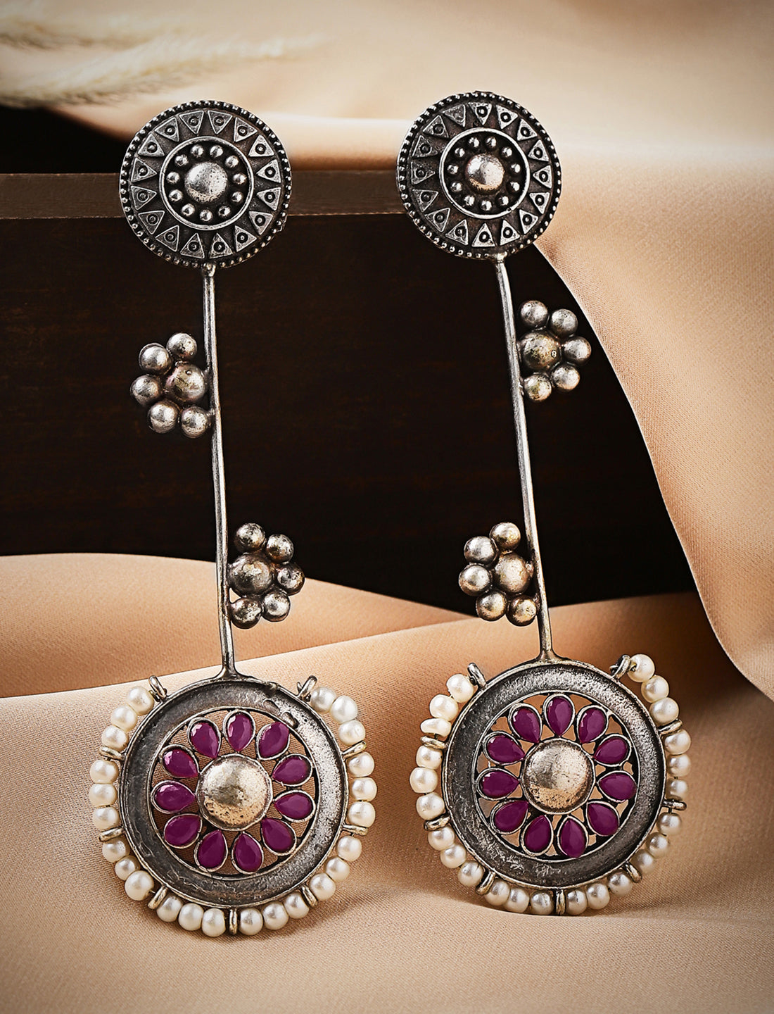 Rubans Oxidised Silver Plated Handcrafted Ruby Stone with White Pearls Drop Earrings Silver