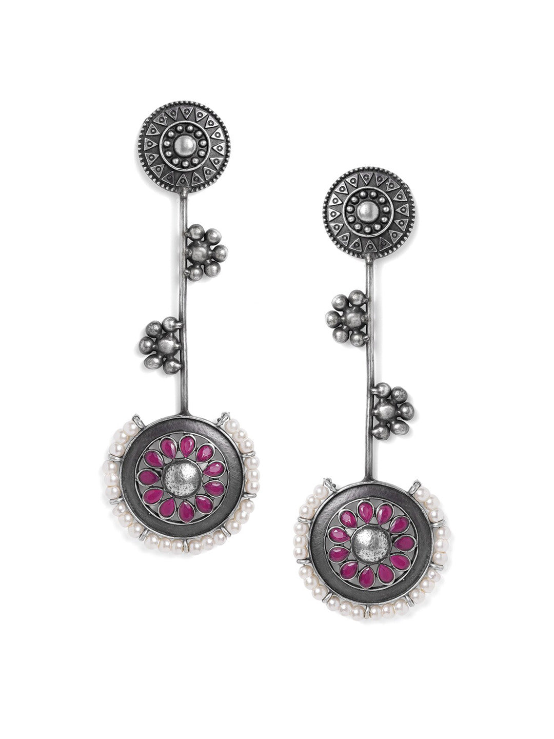 Rubans Oxidised Silver Plated Handcrafted Ruby Stone with White Pearls Drop Earrings Silver