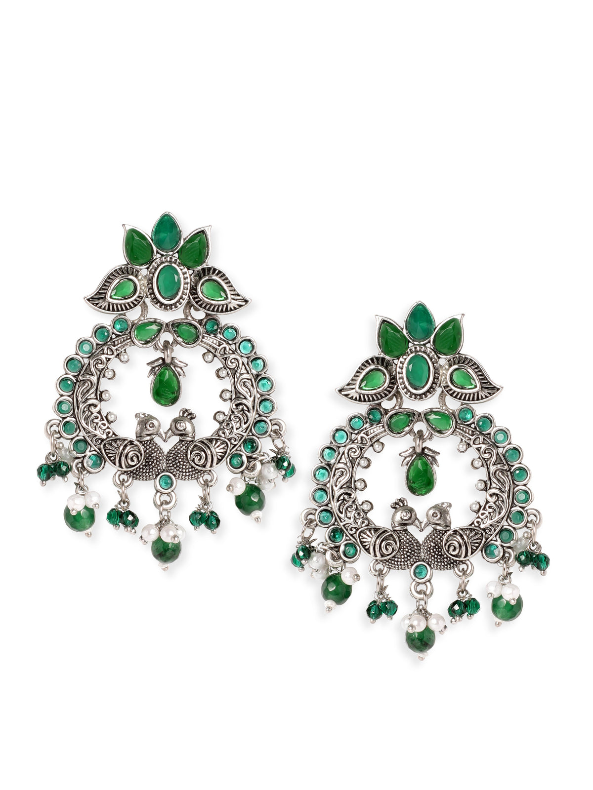 Temple Charm Lotus Green Earrings Silver