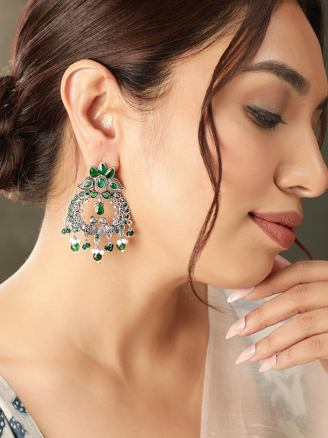 Temple Charm Lotus Green Earrings Silver