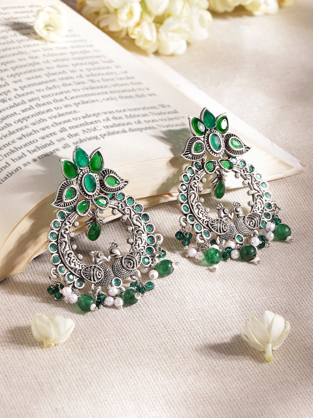 Temple Charm Lotus Green Earrings Silver