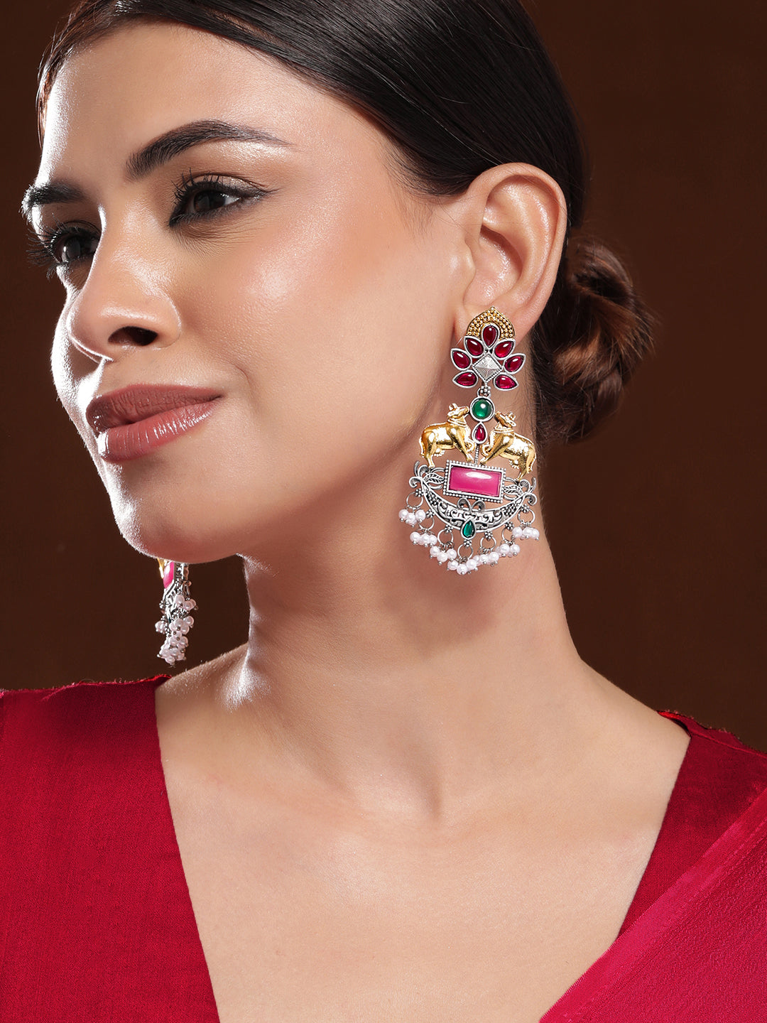 Designer Edge Cow Motif Multicolour Earrings Gold