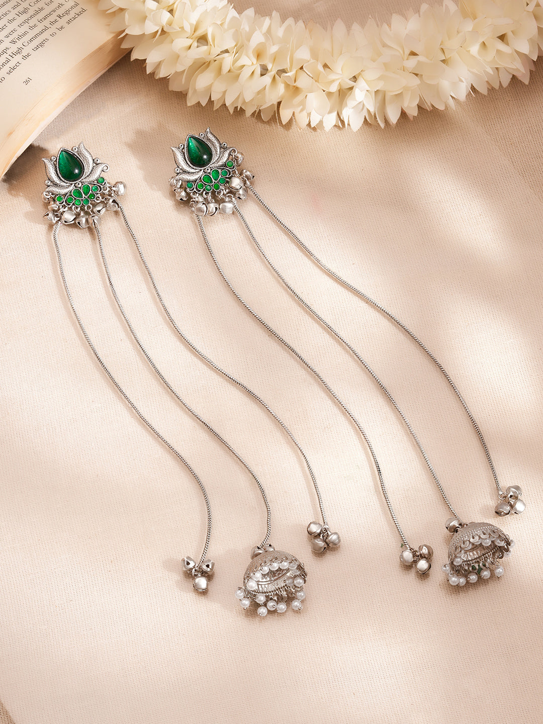 【Rubans】 Oxidised Kashmiri Green Charm Long Chain Dangler Jhumka Earrings｜オキシダイズド カシミール グリーンチャーム ロングチェーン ジュムカ