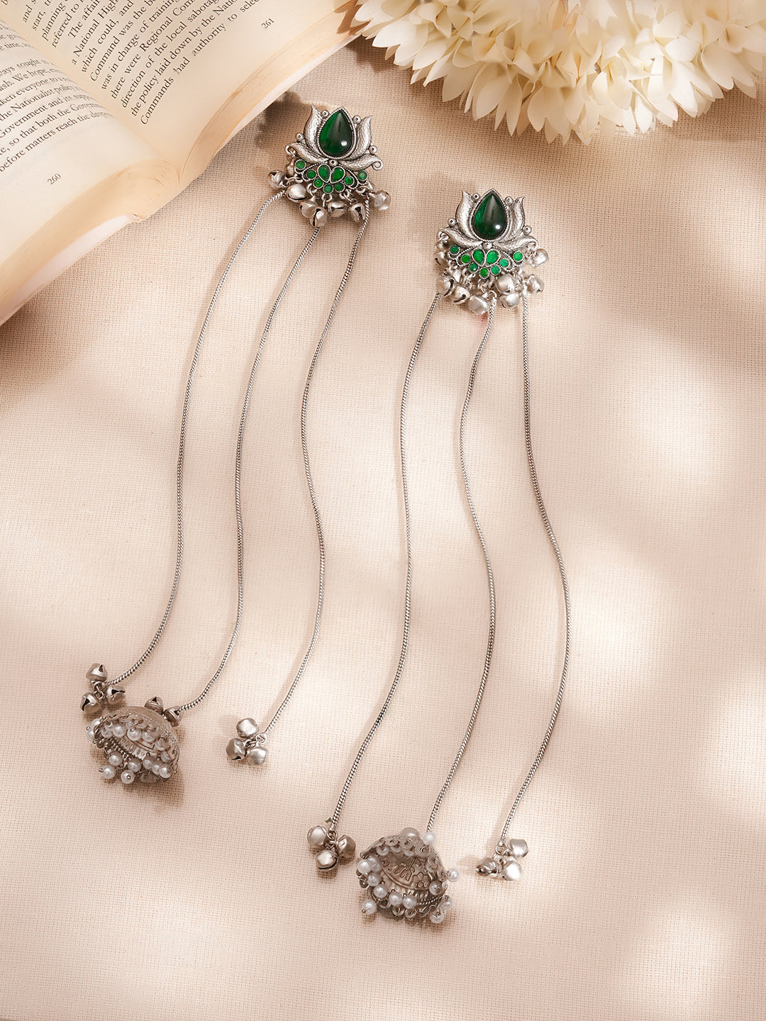 【Rubans】 Oxidised Kashmiri Green Charm Long Chain Dangler Jhumka Earrings｜オキシダイズド カシミール グリーンチャーム ロングチェーン ジュムカ