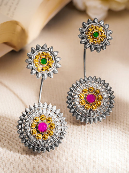 Oxidised Silver Tone Brass Green & Ruby Pink Floral Statement Ear Cuff フリーサイズ
