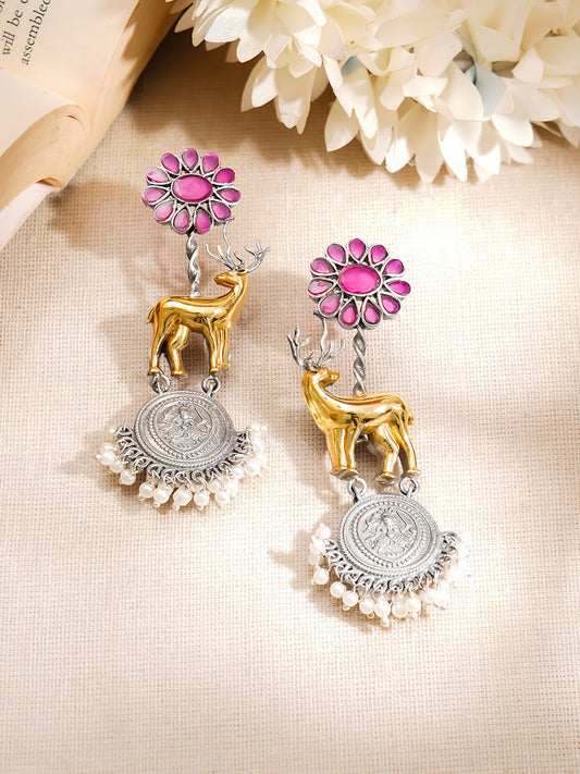 【Rubans】 Oxidised Silver-Toned Deer Motif Coin Drop Earrings｜オキシダイズド シルバートーン ディアモチーフ コインドロップ イヤリング