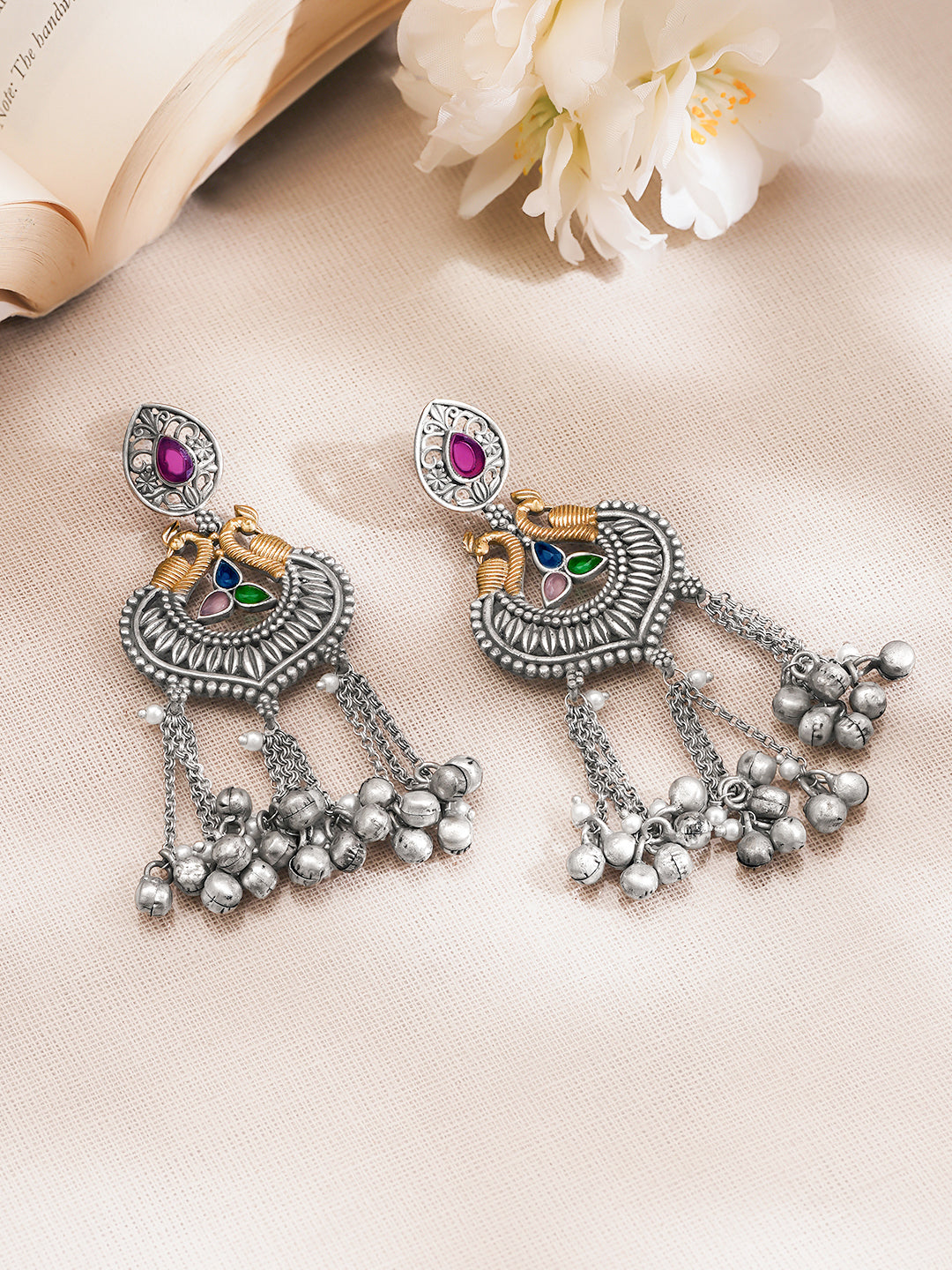 Rubans Oxidised Silver Tone Brass Multicolour Ghungroo Tassels Dangler Earrings Length - 4 cm