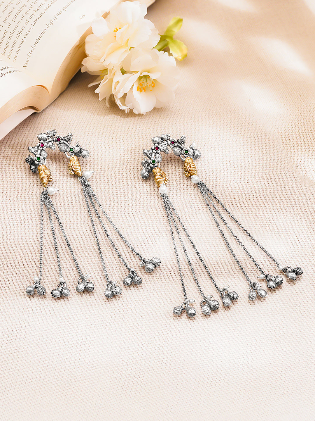 Oxidised Statement Silver Chain Tassel Earrings フリーサイズ