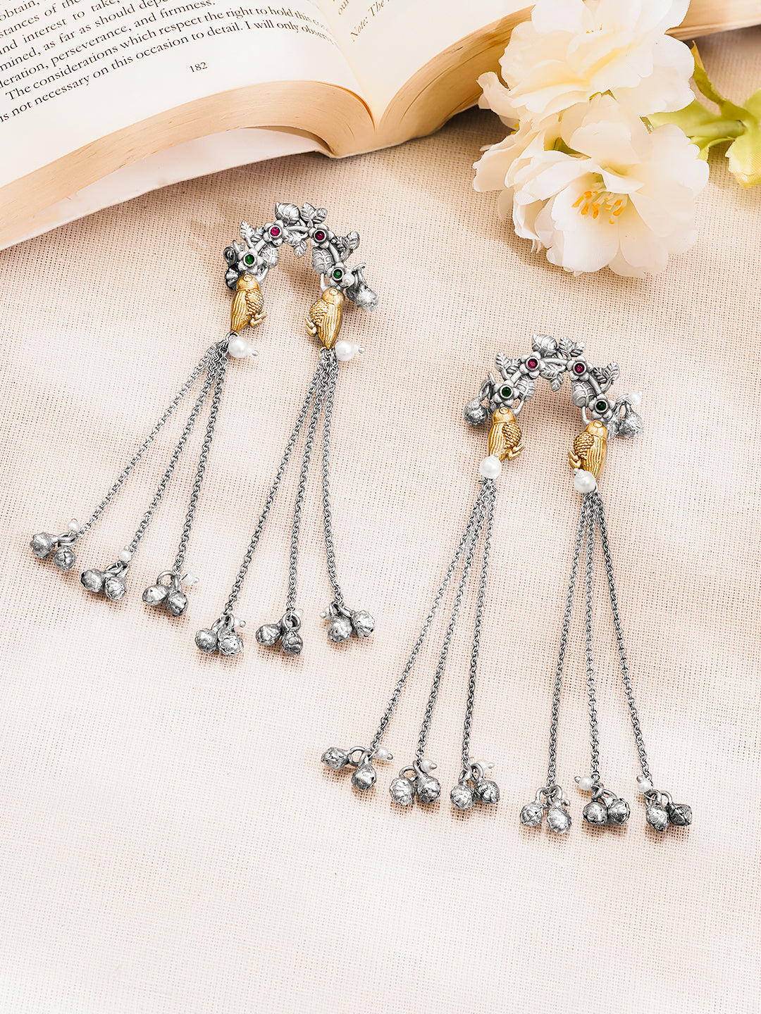 Oxidised Statement Silver Chain Tassel Earrings フリーサイズ