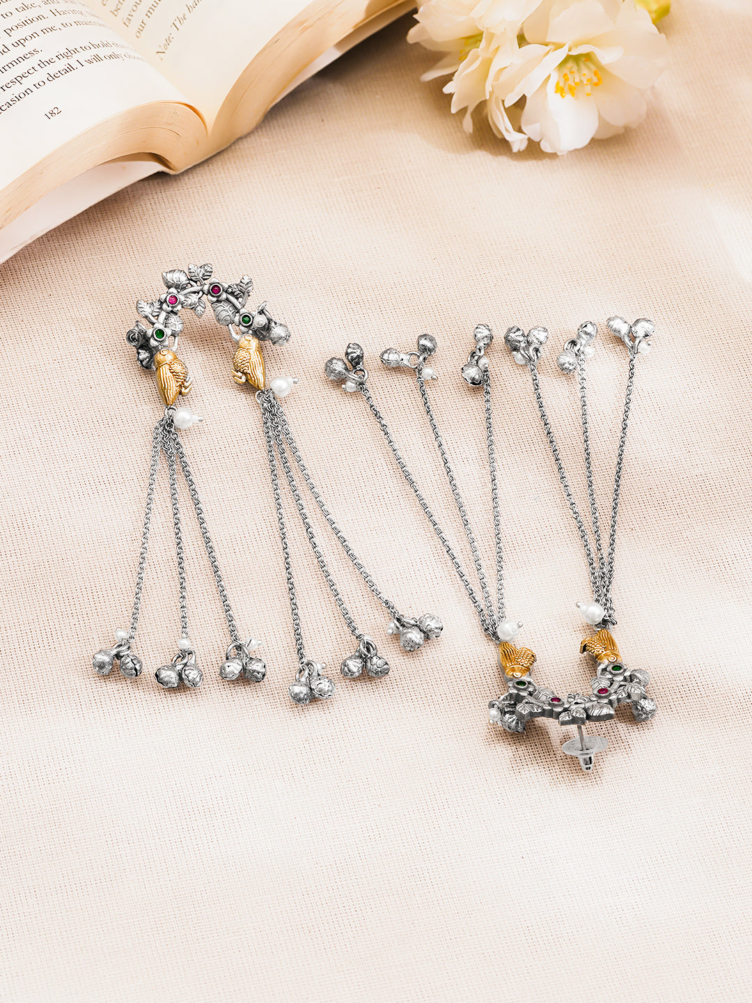 Oxidised Statement Silver Chain Tassel Earrings フリーサイズ