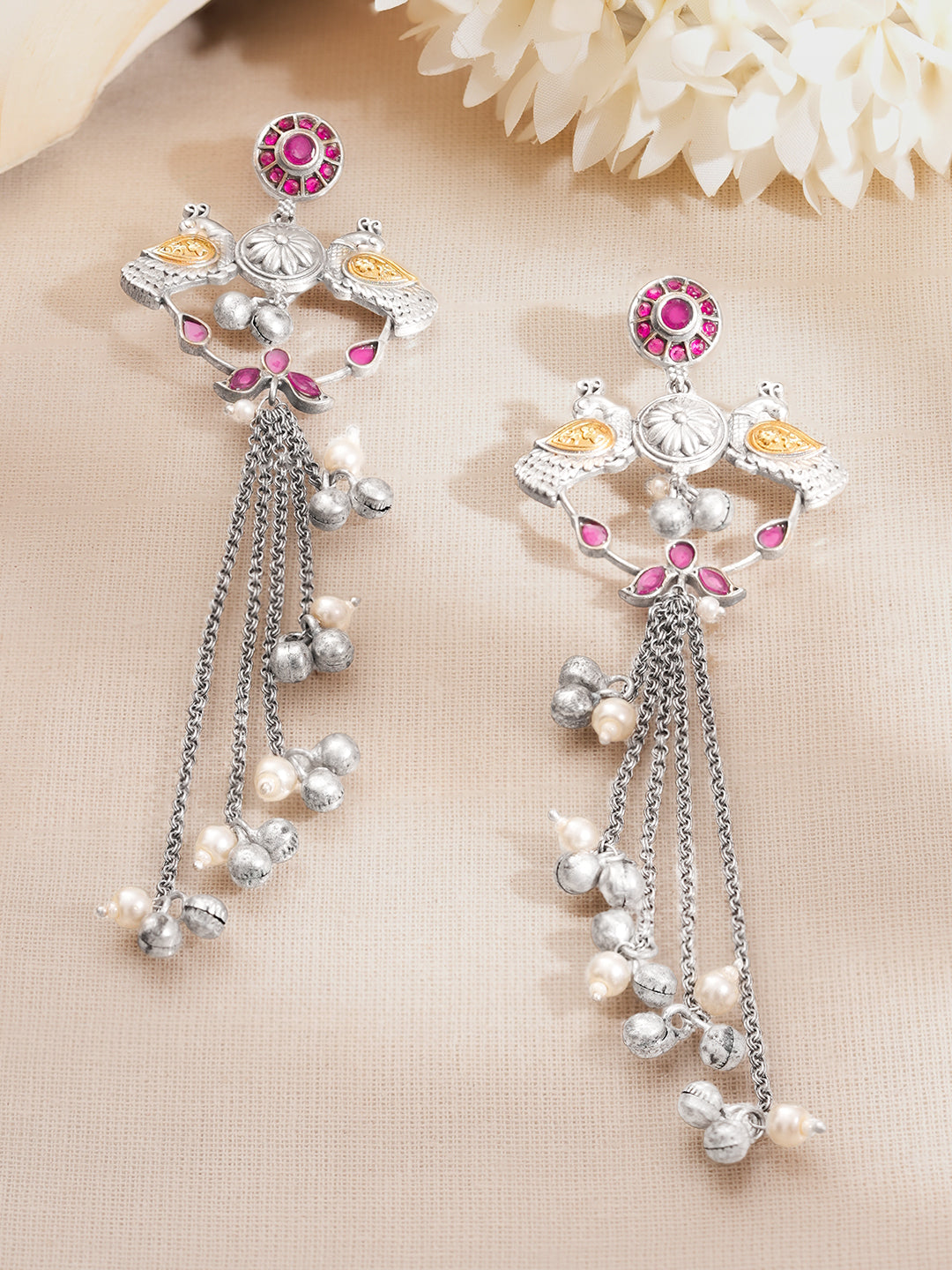 【Rubans】 Oxidised Peacock Motif Long Chain Tassel Dangler Earrings｜オキシダイズド ピーコックモチーフ ロングチェーン タッセル イヤリング