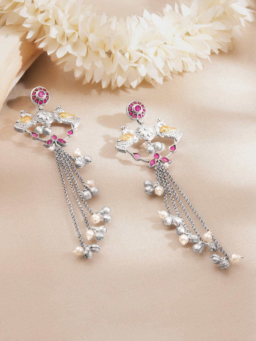 【Rubans】 Oxidised Peacock Motif Long Chain Tassel Dangler Earrings｜オキシダイズド ピーコックモチーフ ロングチェーン タッセル イヤリング