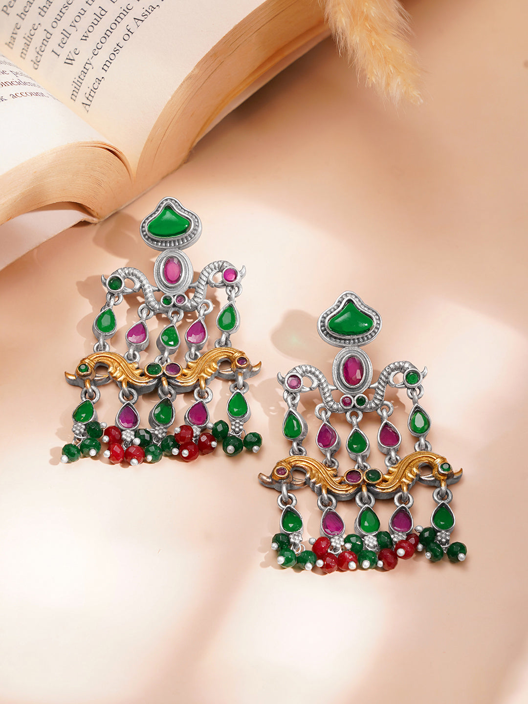 Oxidised Emerald Ruby Dangler Earrings フリーサイズ