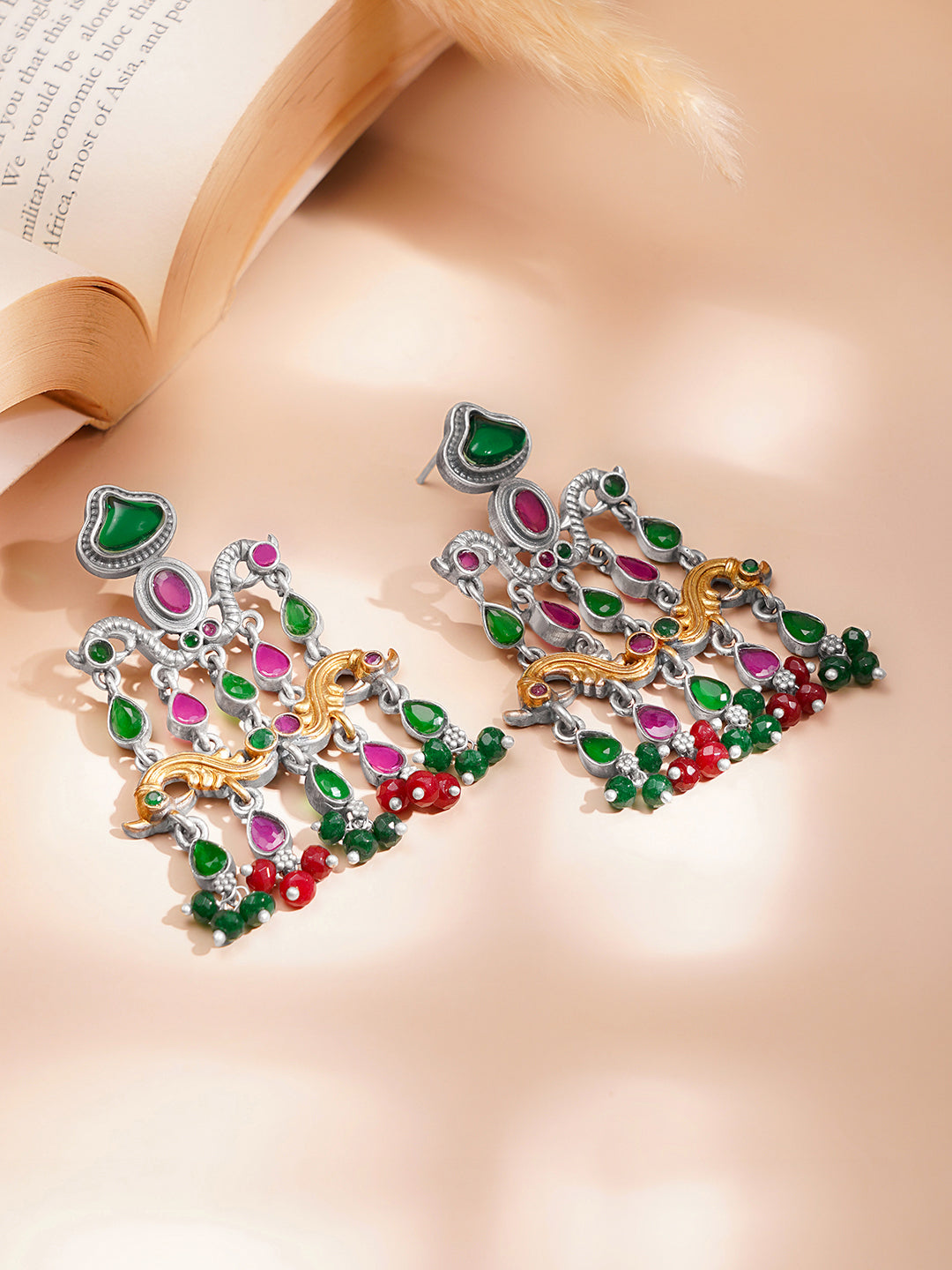 Oxidised Emerald Ruby Dangler Earrings フリーサイズ