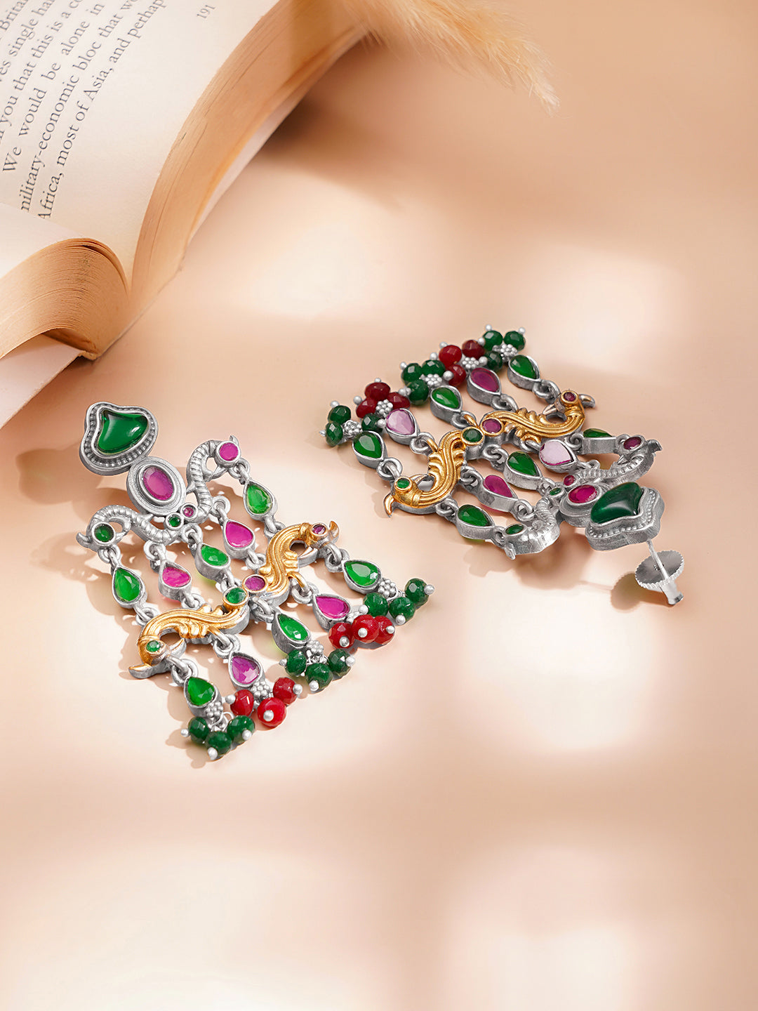 Oxidised Emerald Ruby Dangler Earrings フリーサイズ